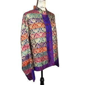 Vtg Silk Brocade Jacket Asian Inspired Frog Buttons Mandarin Collar Sz XL Purple